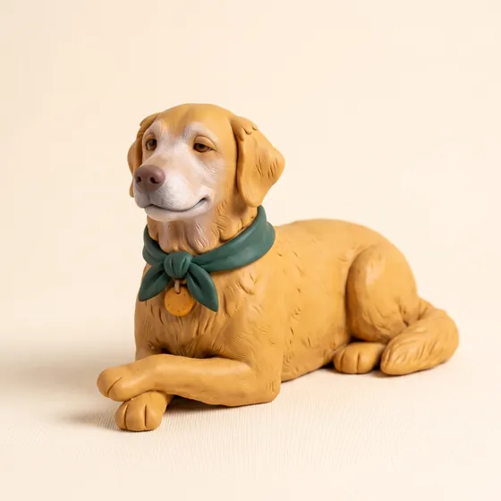 Dewey, our clay dog, lying down and content