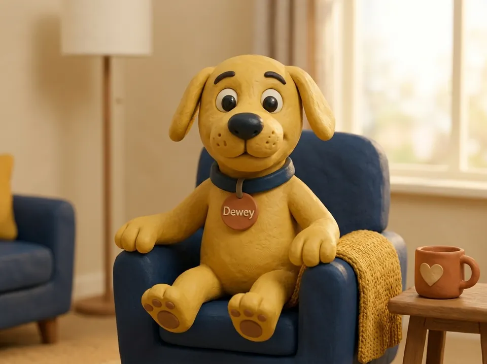 Dewey, our clay dog, sitting in a blue armchair