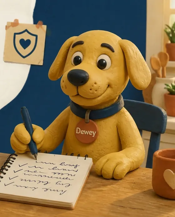 Dewey, our clay dog, sitting at a kitchen table with a notepad