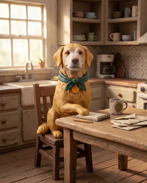 Dewey, our clay dog, sitting at a kitchen table with a notepad