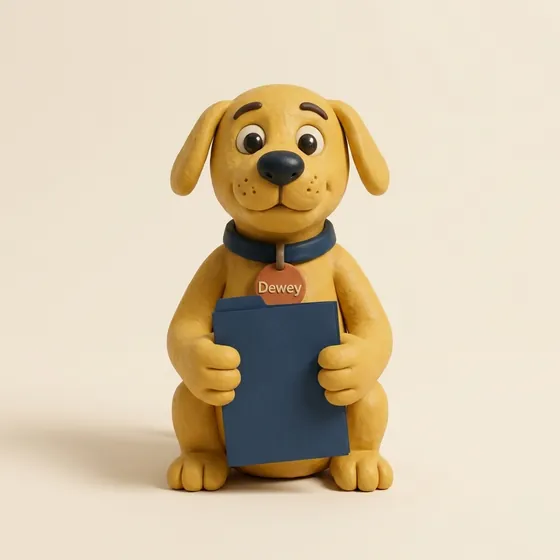 Dewey, our clay dog, holding a blue folder