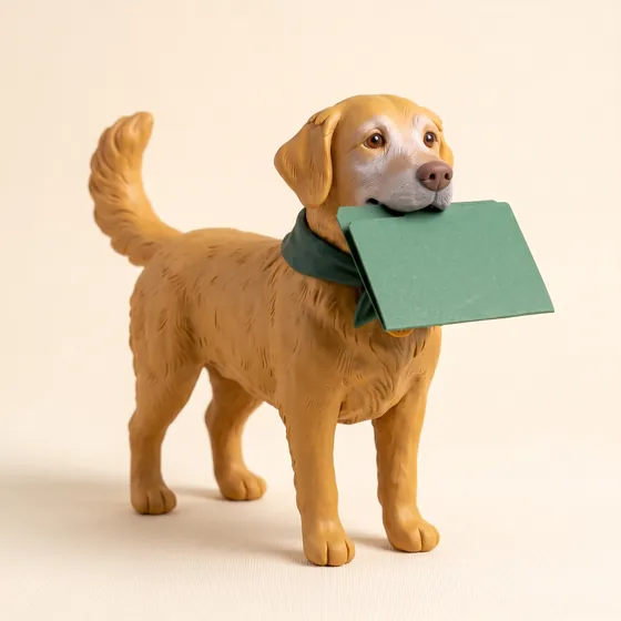 Dewey, our clay dog, carrying a green folder