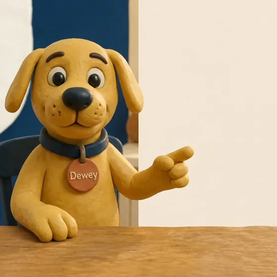 Dewey, our clay dog, pointing to the next step